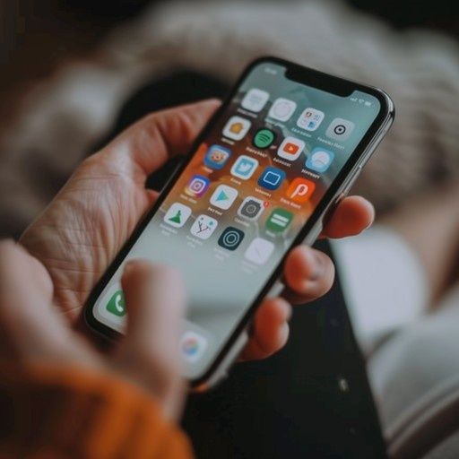 Hand håller en modern smartphone med flera appar synliga på skärmen